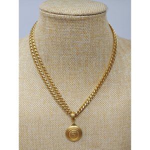 Stunning Gold Tone Double Chain Strand and Medal Pendant Necklace